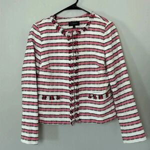 Talbots Pink White Black Striped Tweed Collarless Blazer